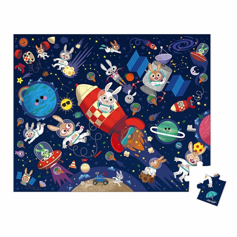 Puzzle dai 5 anni in su da 54 pezzi a tema conigli nello spazio con razzi, astronavi, pianeti e luna, contenuto in una valigetta facile da trasportare